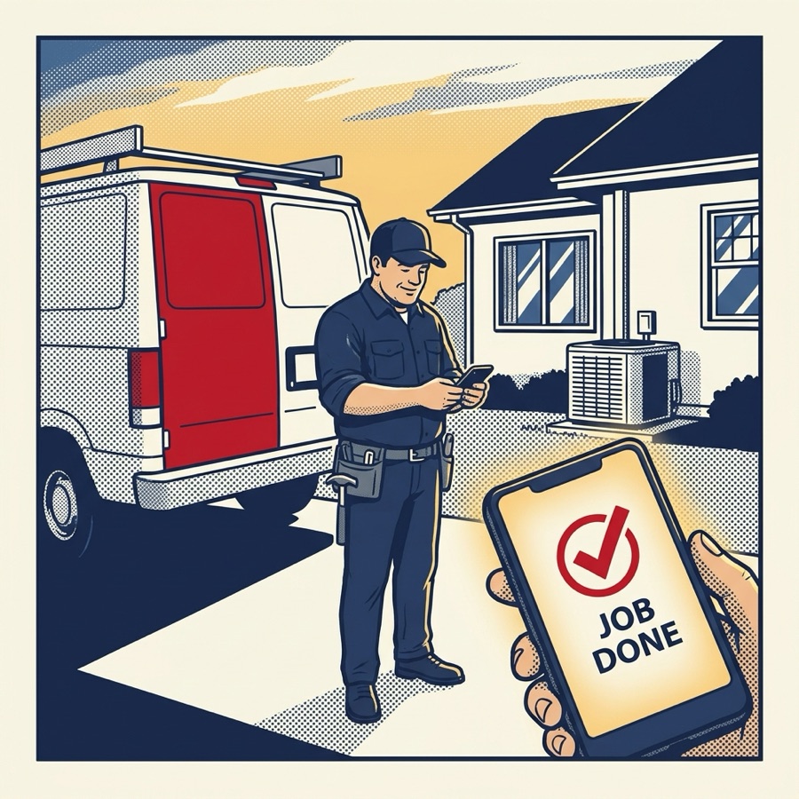 a technician marks a job done in his CRM outside a finished house
