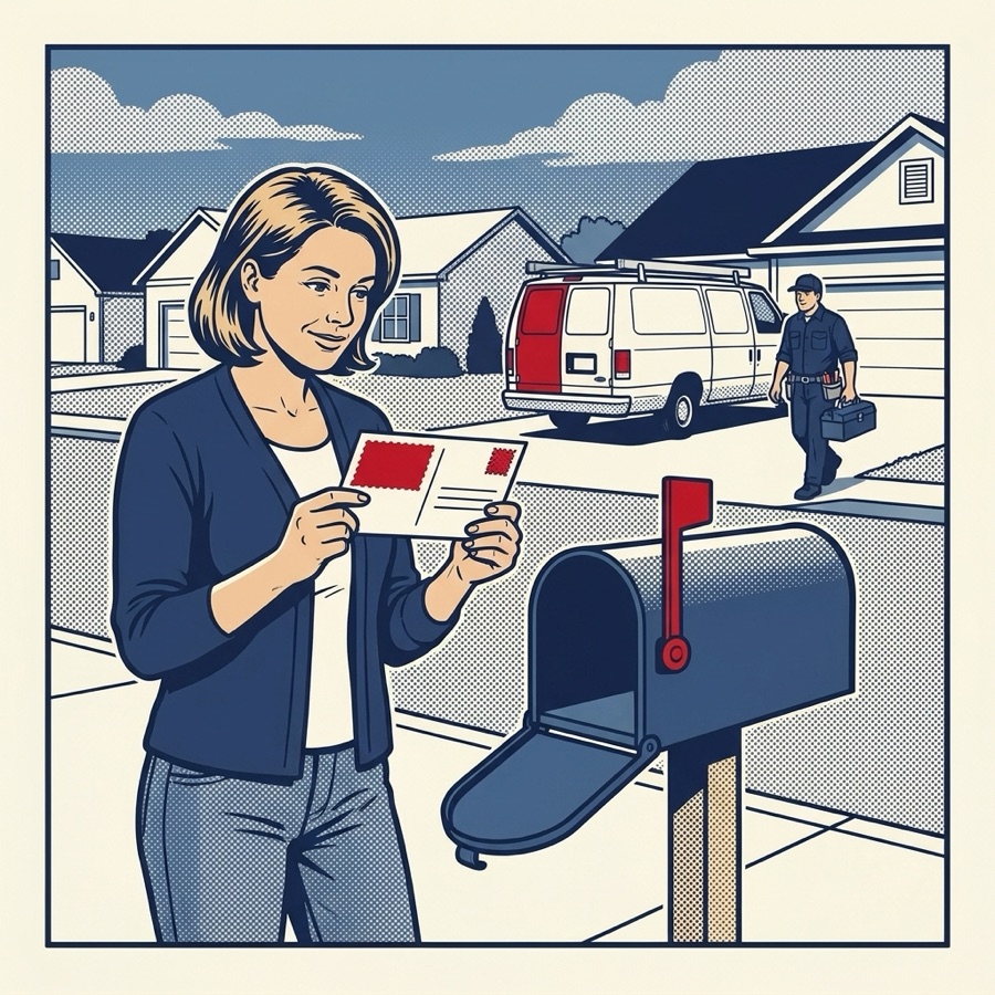 a neighbor finds the postcard in her mailbox while the work truck is still on the street