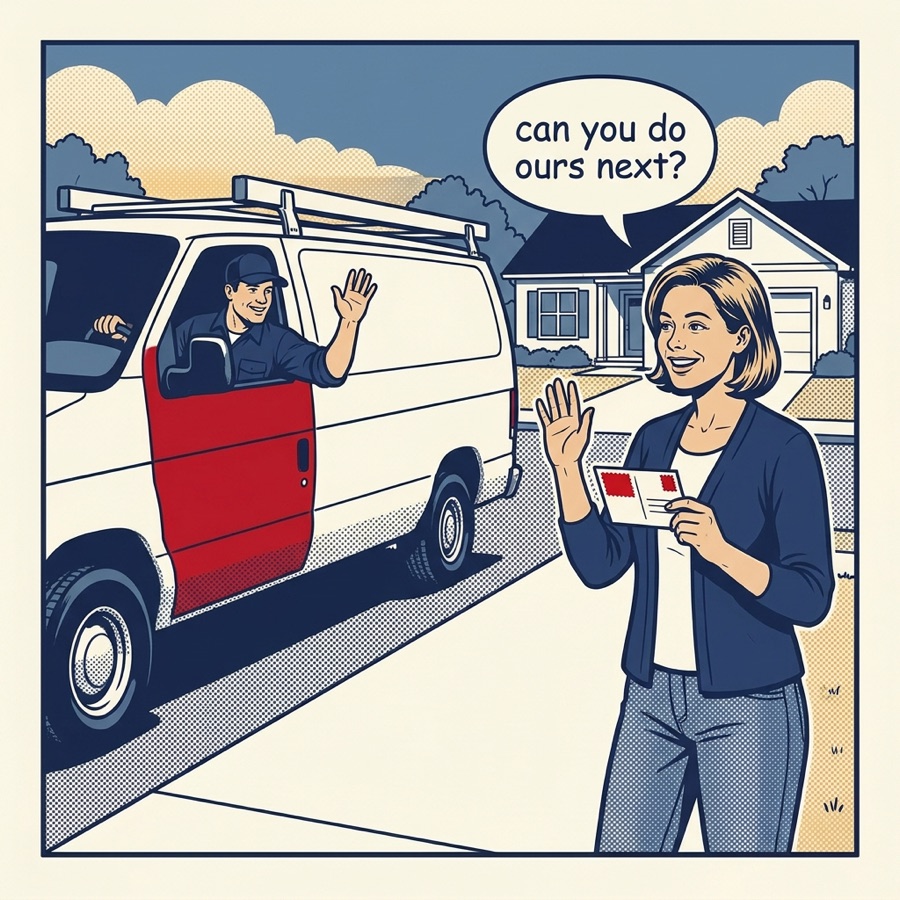 the neighbor waves the truck into her own driveway for the next job
