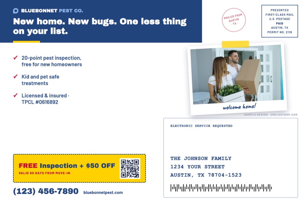 back of new mover pest control postcard with first service offer