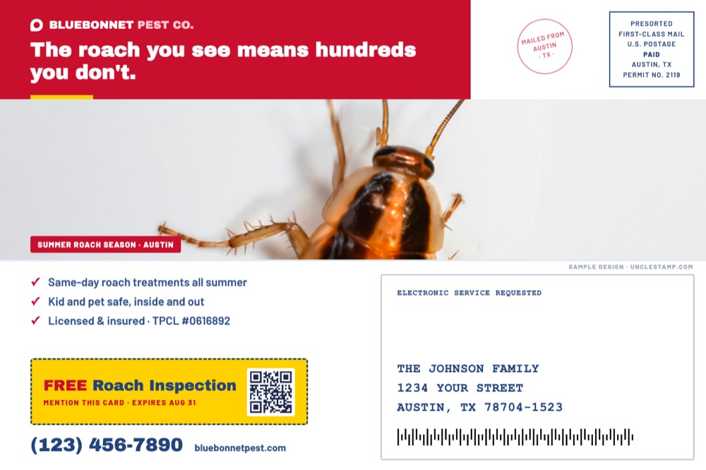 back of seasonal roach postcard for pest control companies