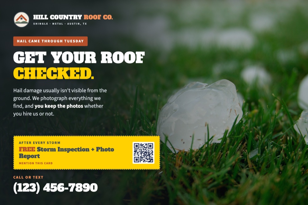 roofing storm-response postcard designed by Uncle Stamp