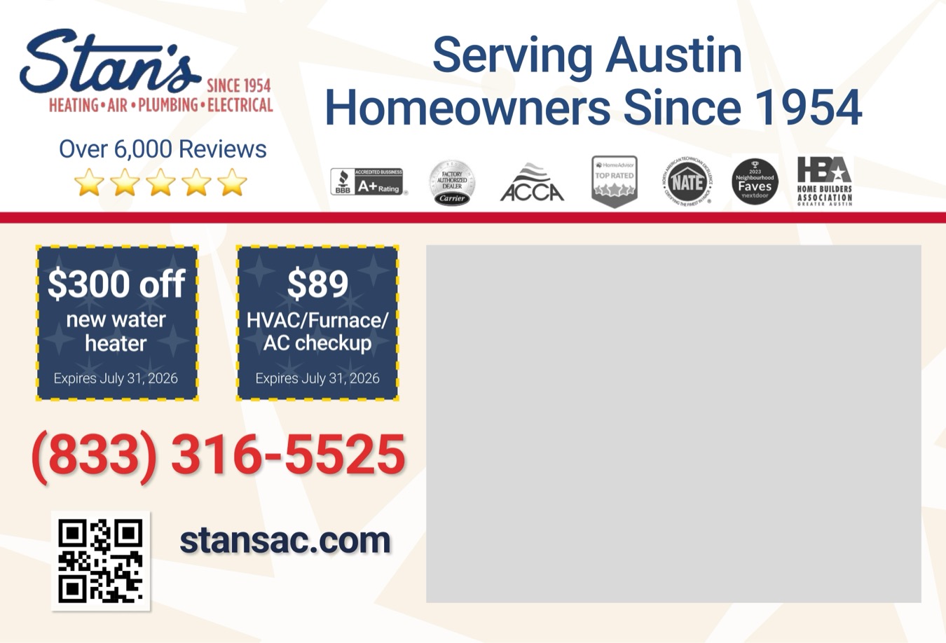 Stan's HVAC postcard back: coupons, 6,000 reviews, and Austin service since 1954